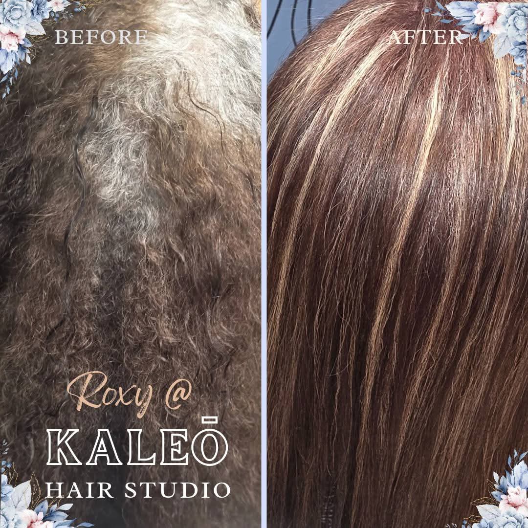 Before and after: grey regrowth transformed into rich brunette hair with warm highlights