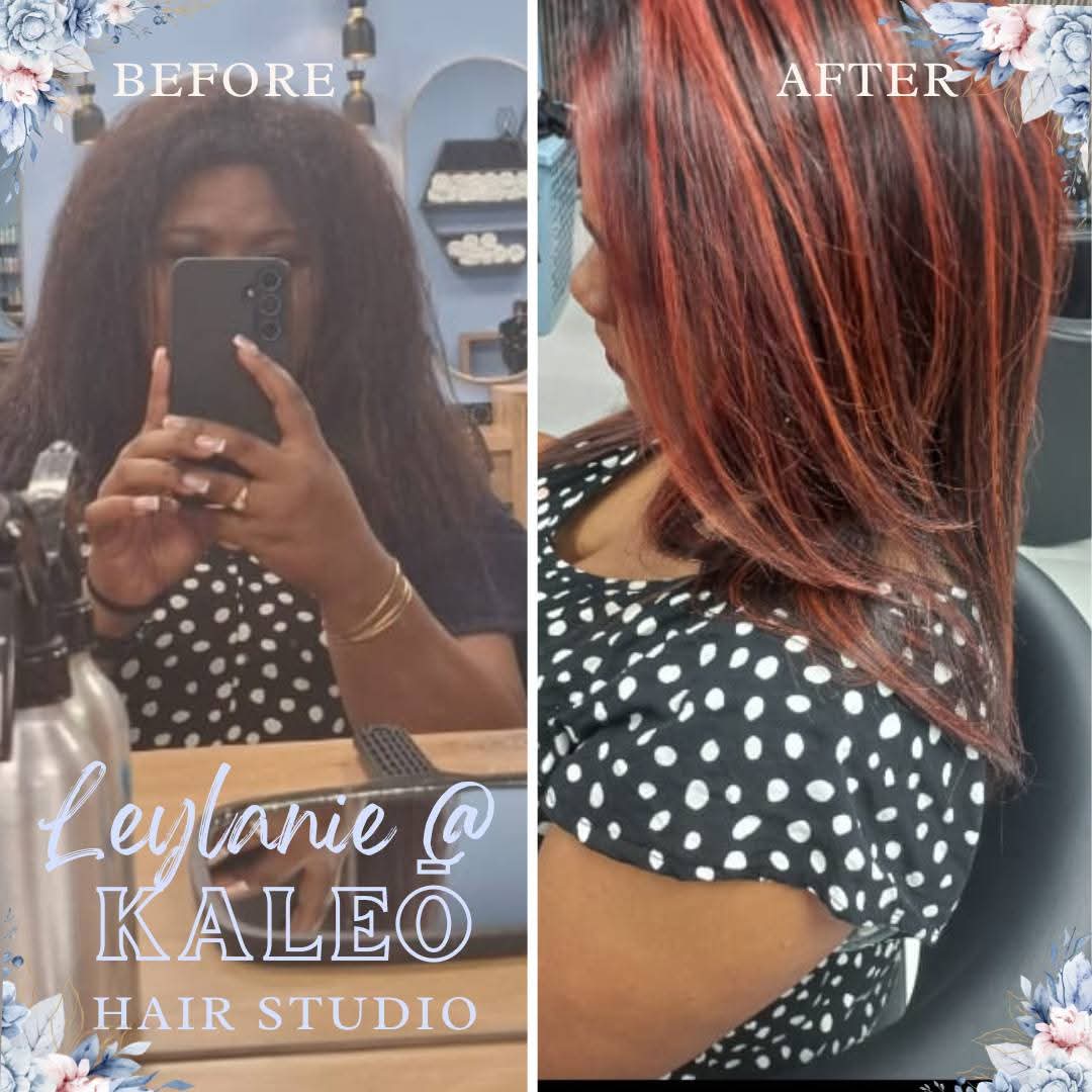 Before and after: dark box-dyed hair transformed into vivid red balayage highlights