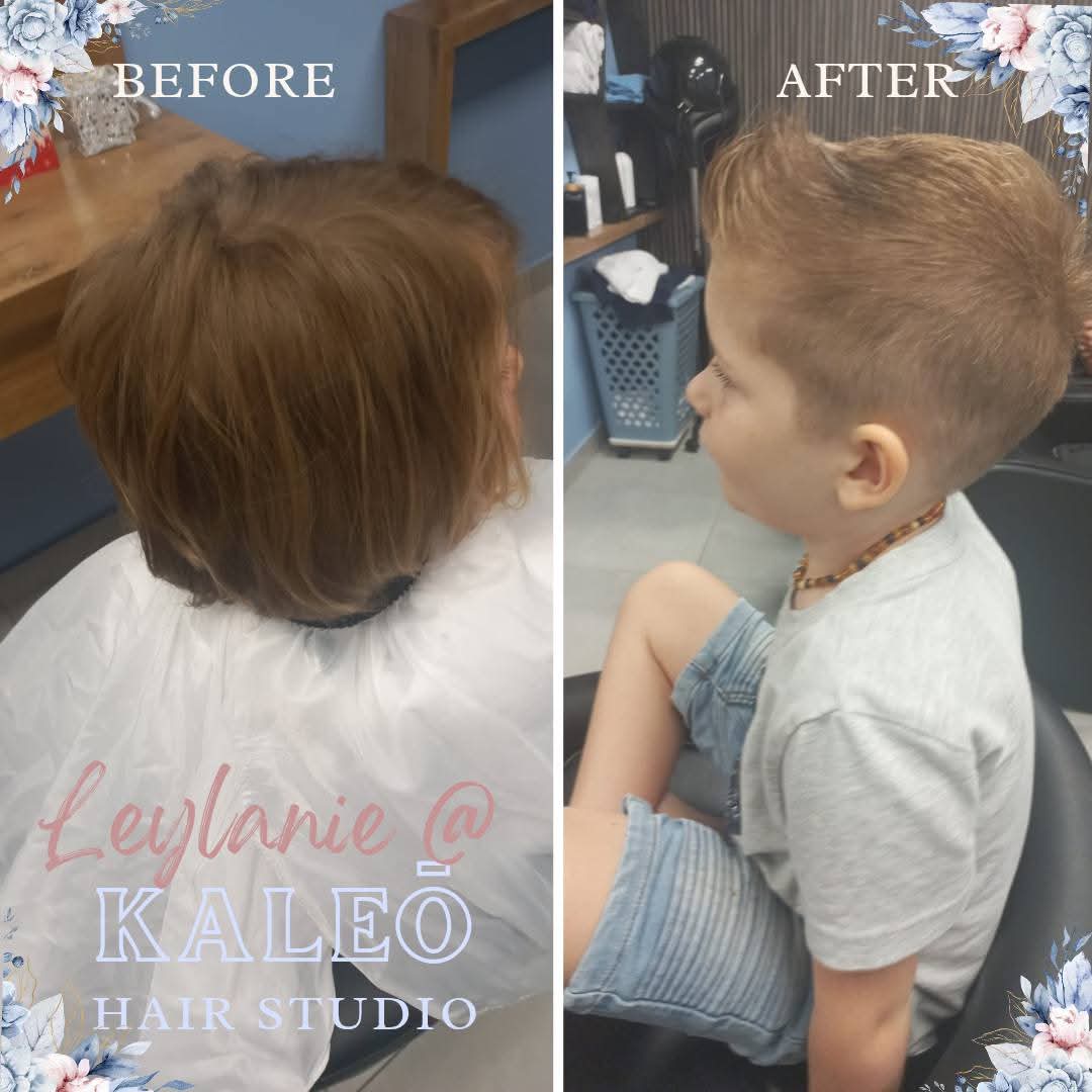 Before and after: a young boy's haircut, longer hair trimmed into a neat, textured crop